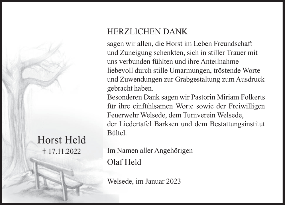  Traueranzeige für Horst Held vom 07.01.2023 aus Deister- und Weserzeitung