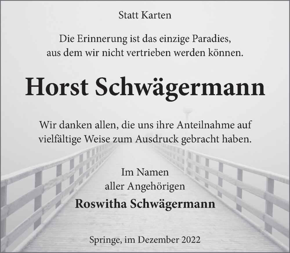  Traueranzeige für Horst Schwägermann vom 10.12.2022 aus Neue Deister-Zeitung