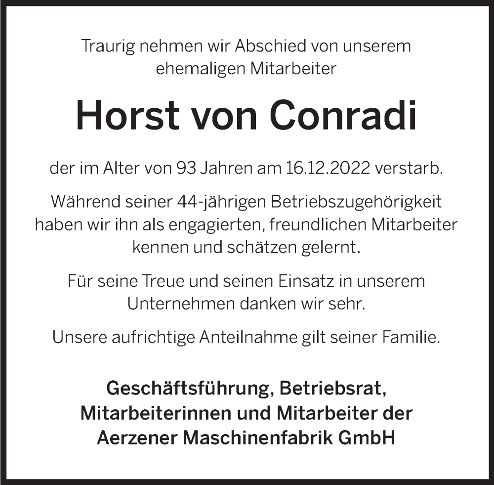  Traueranzeige für Horst  von Conradi vom 21.12.2022 aus Deister- und Weserzeitung