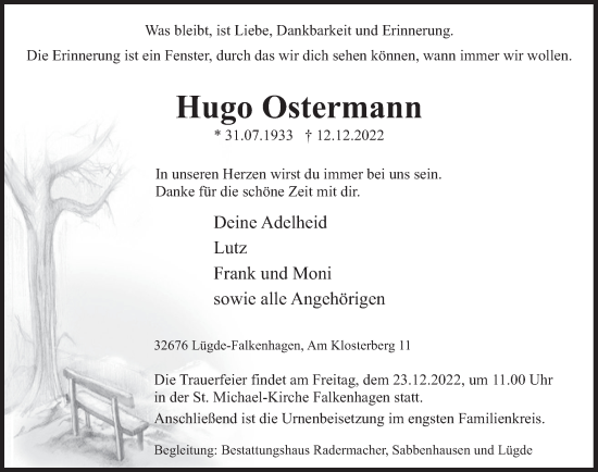 Traueranzeige von Hugo Ostermann von Deister- und Weserzeitung