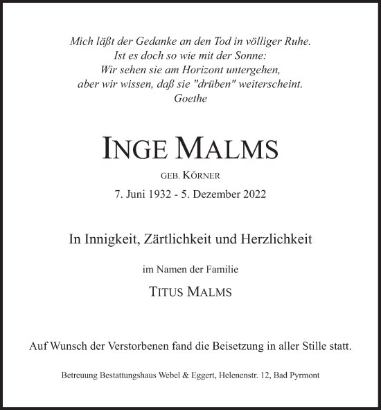 Traueranzeige von Inge Malms von Deister- und Weserzeitung