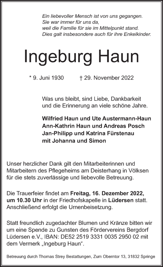 Traueranzeige von Ingeburg Haun von Neue Deister-Zeitung