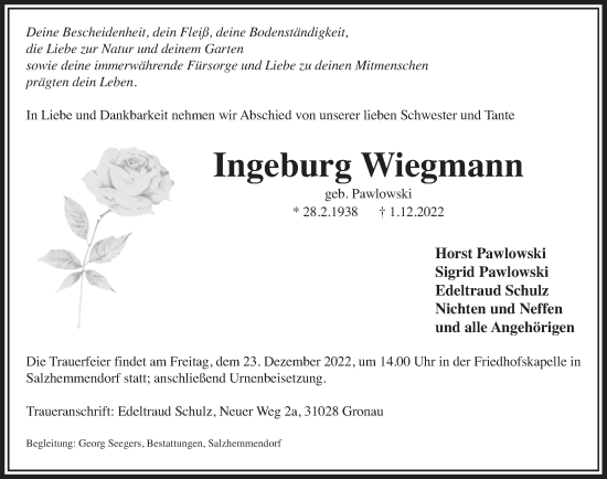 Traueranzeige von Ingeburg Wiegmann von Deister- und Weserzeitung