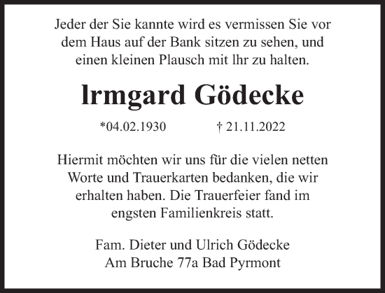 Traueranzeige von Irmgard Gödecke von Deister- und Weserzeitung