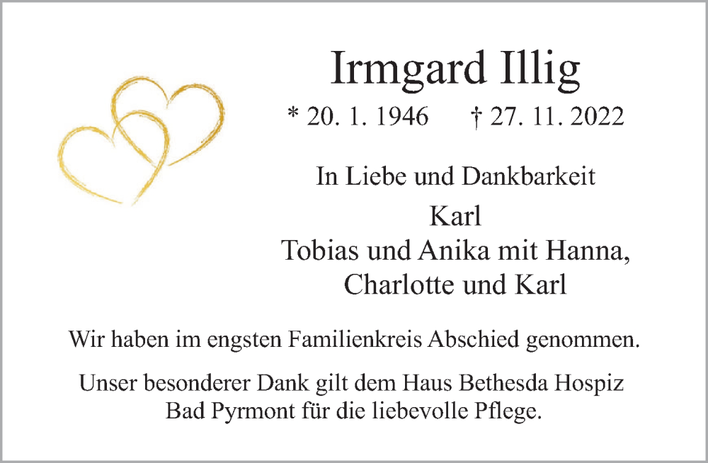  Traueranzeige für Irmgard Illig vom 17.12.2022 aus Deister- und Weserzeitung