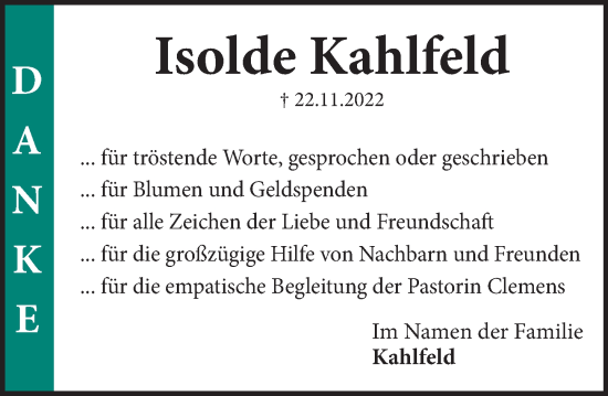 Traueranzeige von Isolde Kahlfeld von Neue Deister-Zeitung
