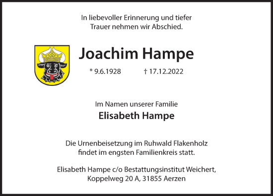 Traueranzeige von Joachim Hampe von Deister- und Weserzeitung