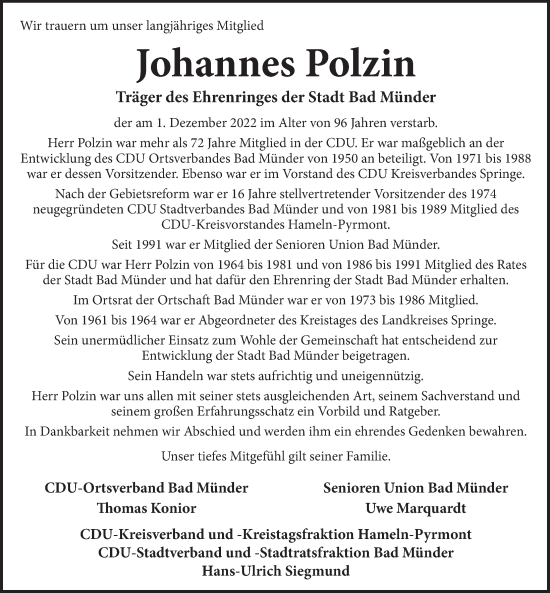 Traueranzeige von Johannes Polzin von Neue Deister-Zeitung