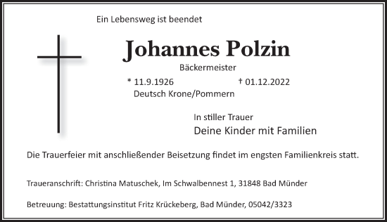 Traueranzeige von Johannes Polzin von Neue Deister-Zeitung