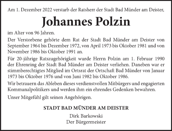 Traueranzeige von Johannes Polzin von Neue Deister-Zeitung