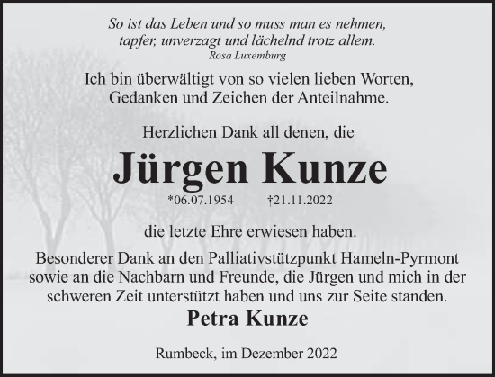 Traueranzeige von Jürgen Kunze von Deister- und Weserzeitung