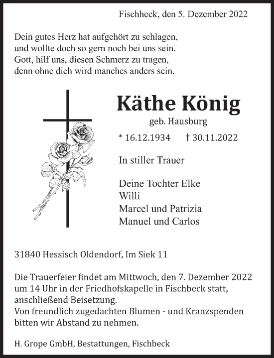Traueranzeige von Käthe König von Deister- und Weserzeitung