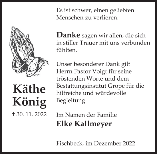 Traueranzeige von Käthe König von Deister- und Weserzeitung