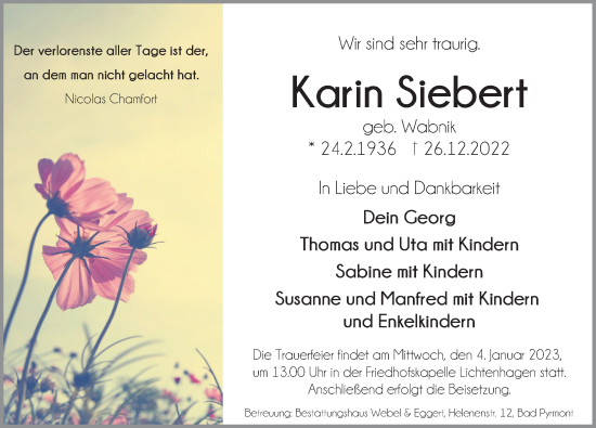Traueranzeige von Karin Siebert von Deister- und Weserzeitung