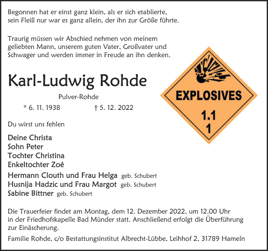 Traueranzeige von Karl-Ludwig Rohde von Neue Deister-Zeitung