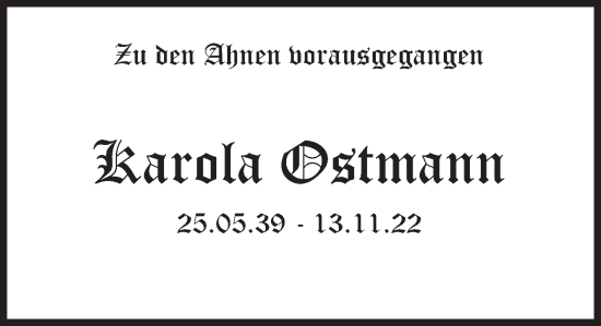 Traueranzeige von Karola Ostmann von Deister- und Weserzeitung