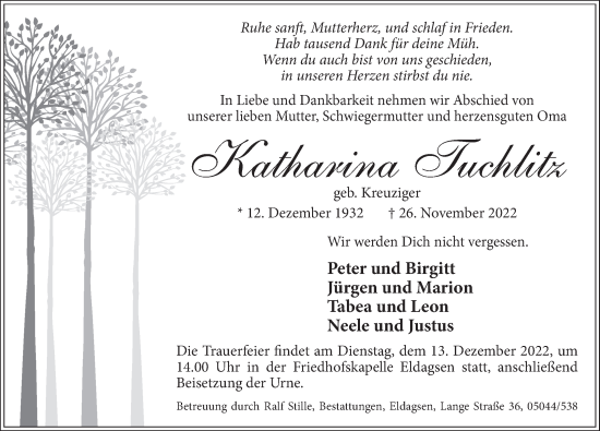 Traueranzeige von Katarina Tuchlitz von Neue Deister-Zeitung
