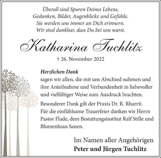 Traueranzeige von Katharina Tuchlitz von Neue Deister-Zeitung