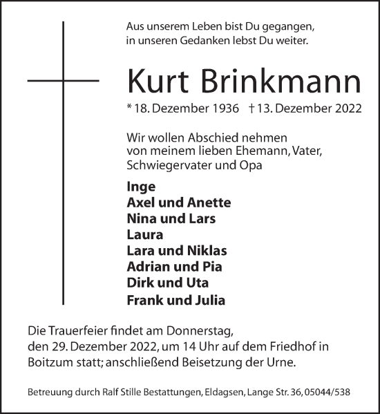 Traueranzeige von Kurt Brinkmann von Neue Deister-Zeitung