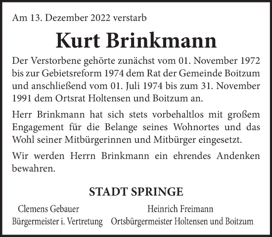 Traueranzeige von Kurt Brinkmann von Neue Deister-Zeitung