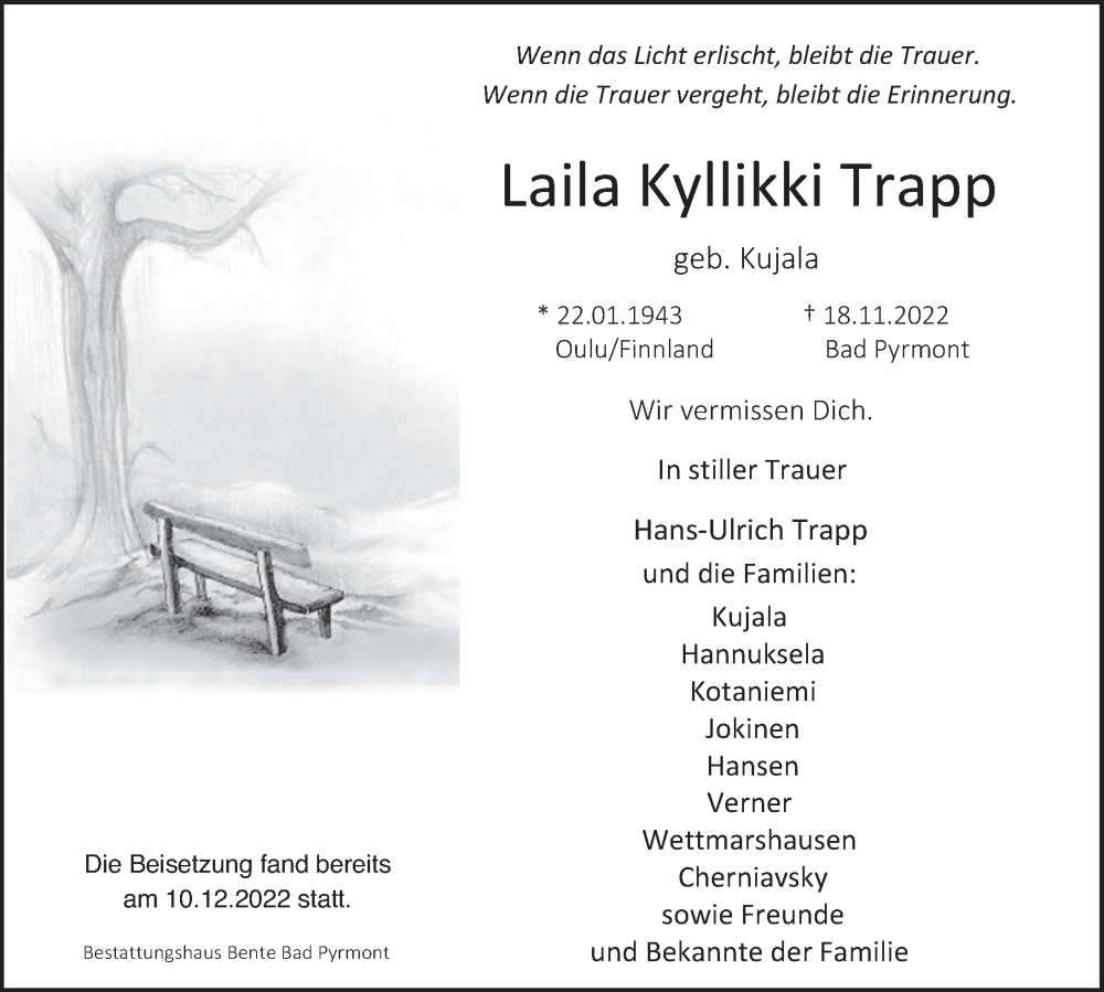  Traueranzeige für Laila Kyllikki Trapp vom 17.12.2022 aus Deister- und Weserzeitung