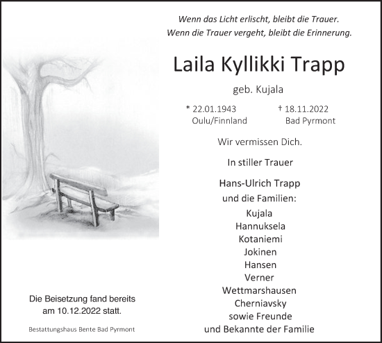 Traueranzeige von Laila Kyllikki Trapp von Deister- und Weserzeitung