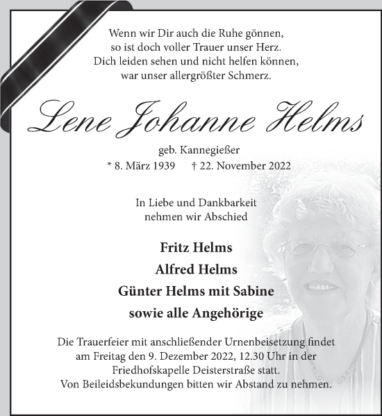Traueranzeige von Lene Johanne Helms von Deister- und Weserzeitung