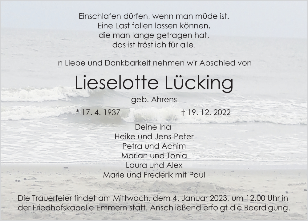  Traueranzeige für Lieselotte Lücking vom 30.12.2022 aus Deister- und Weserzeitung