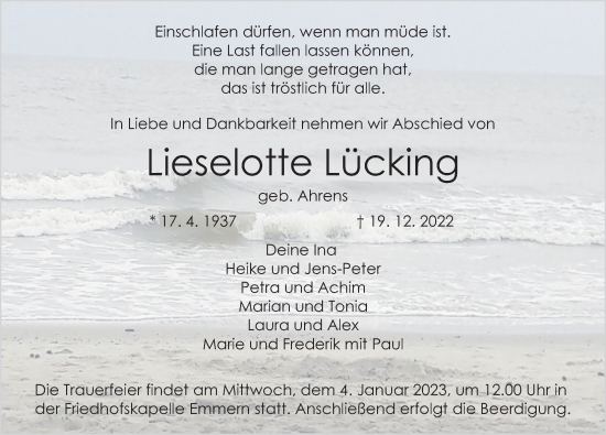 Traueranzeige von Lieselotte Lücking von Deister- und Weserzeitung