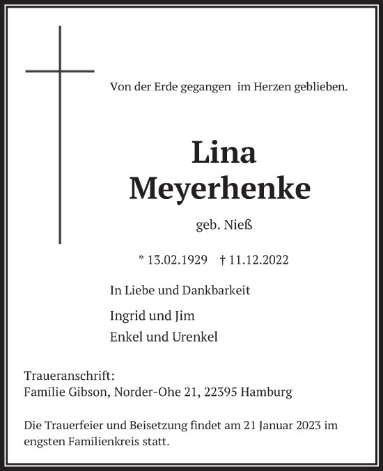 Traueranzeige von Lina Meyerhenke von Deister- und Weserzeitung