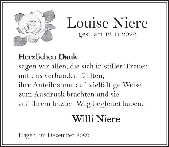Traueranzeige von Louise Niere von Deister- und Weserzeitung