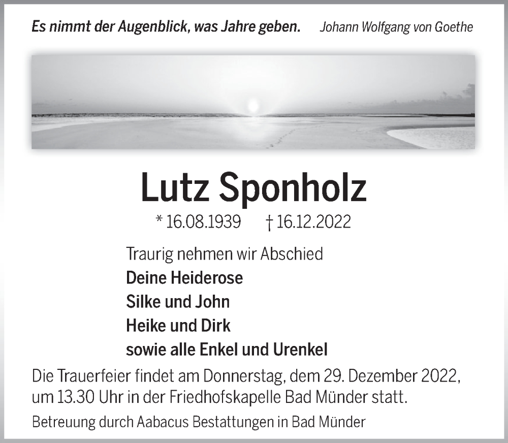  Traueranzeige für Lutz Sponholz vom 23.12.2022 aus Neue Deister-Zeitung