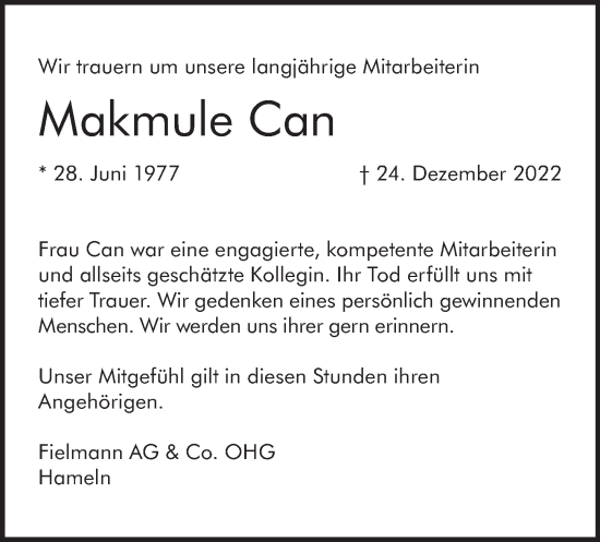 Traueranzeige von Makmule Can von Deister- und Weserzeitung