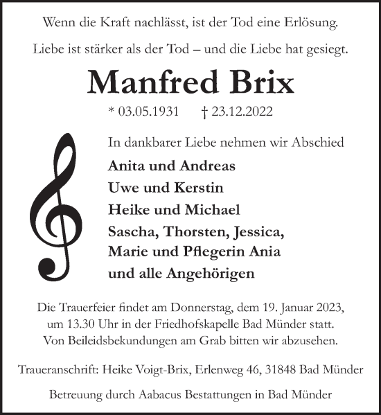 Traueranzeige von Manfred Brix von Neue Deister-Zeitung