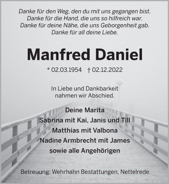 Traueranzeige von Manfred Daniel von Neue Deister-Zeitung