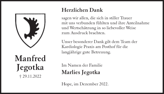 Traueranzeige von Manfred Jegotka von Deister- und Weserzeitung
