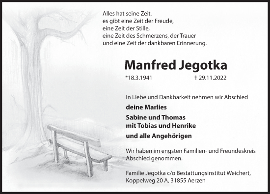 Traueranzeige von Manfred Jegotka von Deister- und Weserzeitung