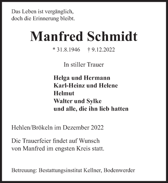 Traueranzeige von Manfred Schmidt von Deister- und Weserzeitung