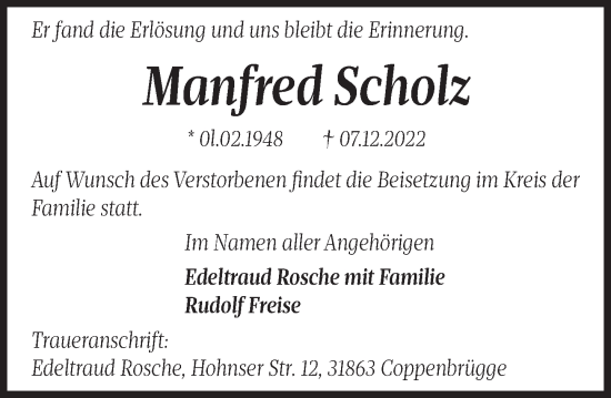 Traueranzeige von Manfred Scholz von Deister- und Weserzeitung