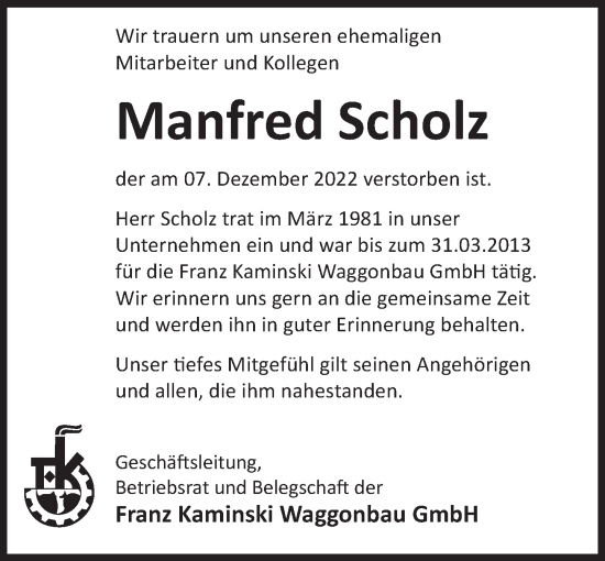 Traueranzeige von Manfred Scholz von Deister- und Weserzeitung