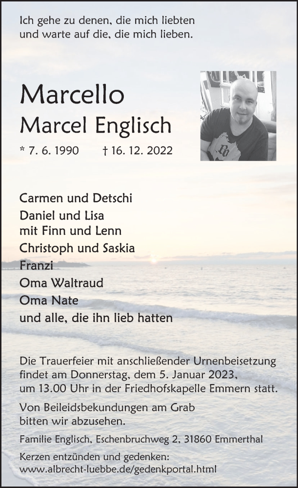  Traueranzeige für Marcel Englisch vom 30.12.2022 aus Deister- und Weserzeitung