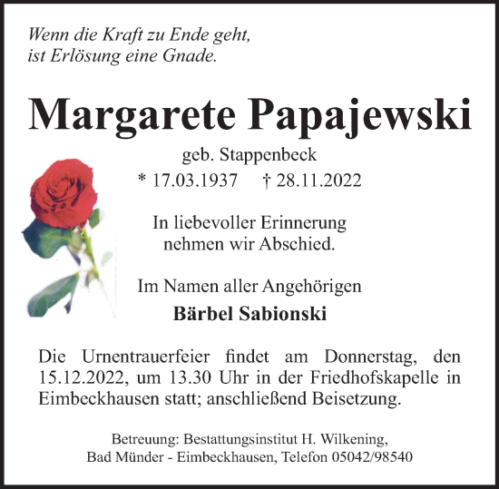 Traueranzeige von Margarete Papajewski von Neue Deister-Zeitung