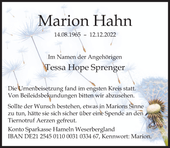 Traueranzeige von Marion Hahn von Deister- und Weserzeitung