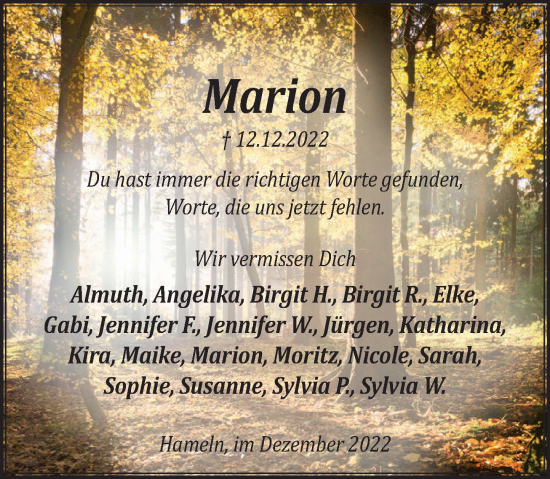 Traueranzeige von Marion Hahn von Deister- und Weserzeitung