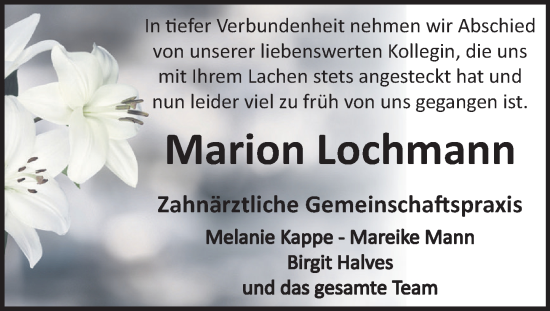 Traueranzeige von Marion Lochmann von Deister- und Weserzeitung