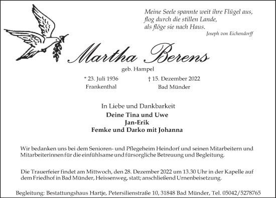 Traueranzeige von Martha Berens von Neue Deister-Zeitung