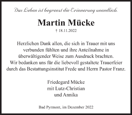 Traueranzeige von Martin Mücke von Deister- und Weserzeitung