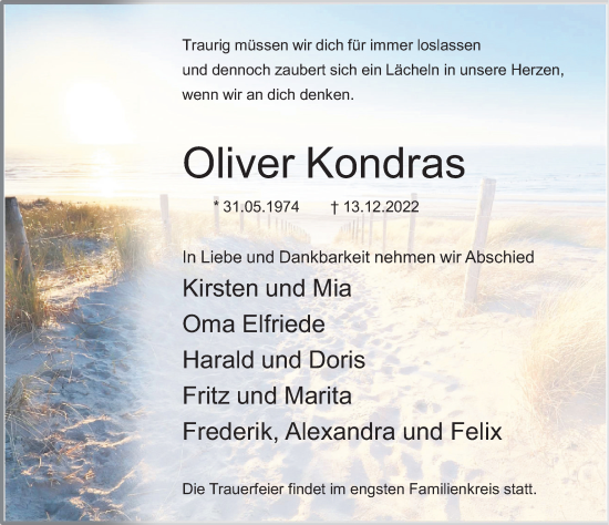 Traueranzeige von Oliver Kondras von Deister- und Weserzeitung