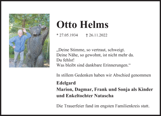 Traueranzeige von Otto Helms von Deister- und Weserzeitung