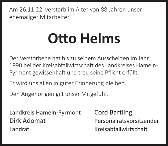 Traueranzeige von Otto Helms von Deister- und Weserzeitung